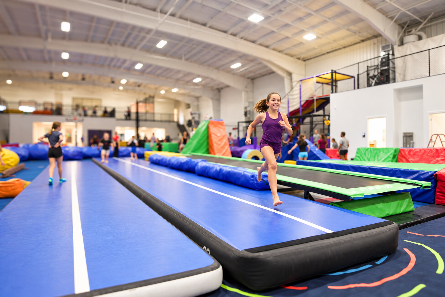 Young athlete moving along the blue tumbling track