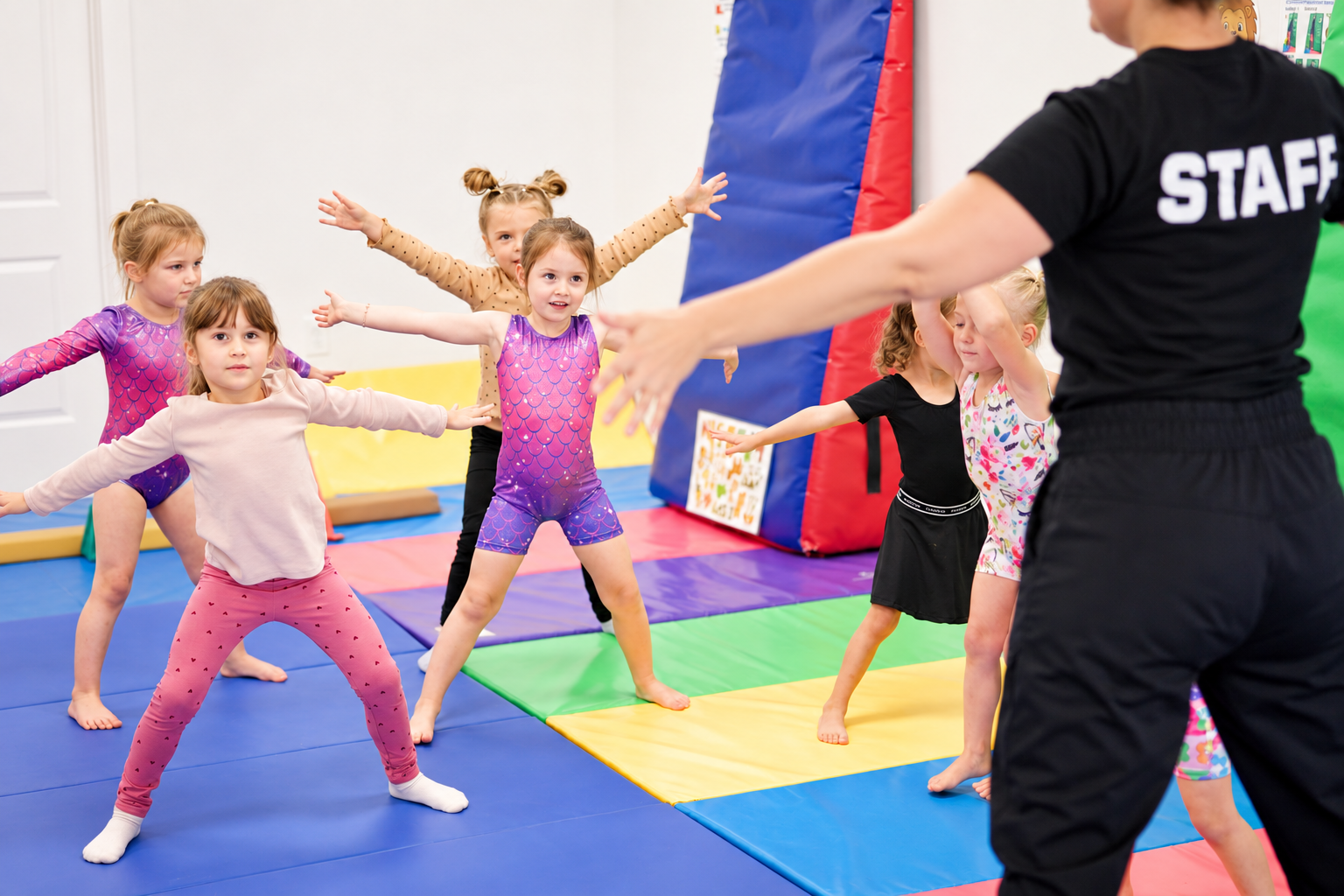 Coach leading children in a standing warmup