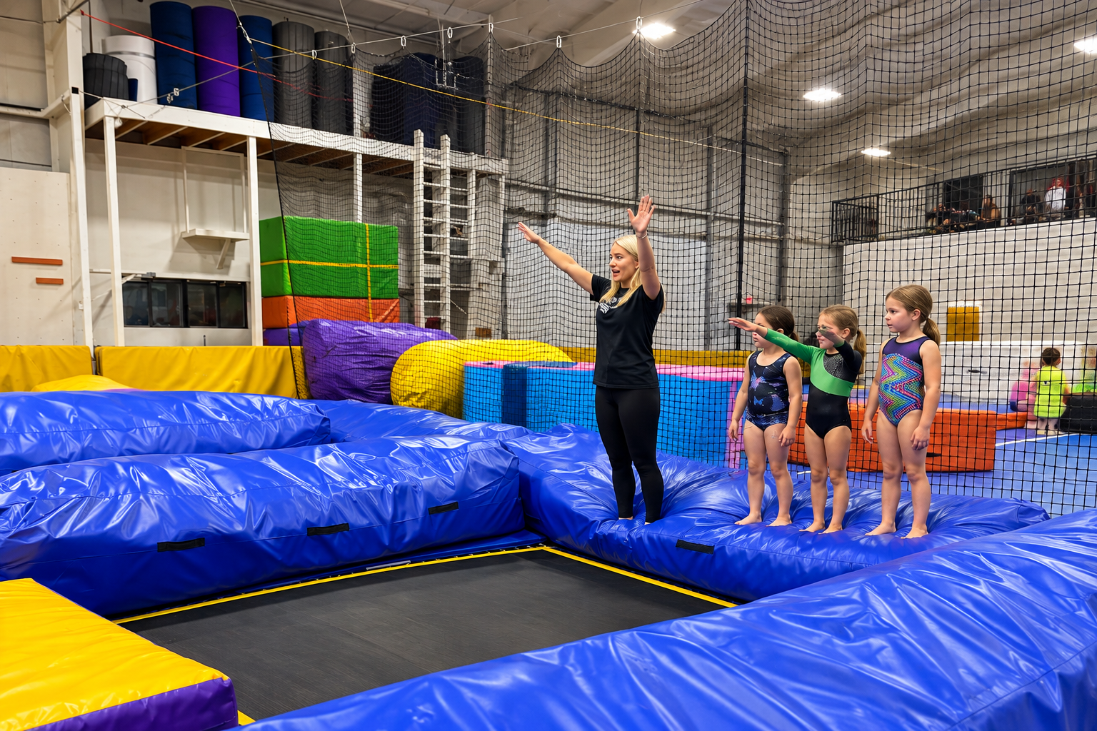 Coach explaining arm positions beside a padded trampoline lane